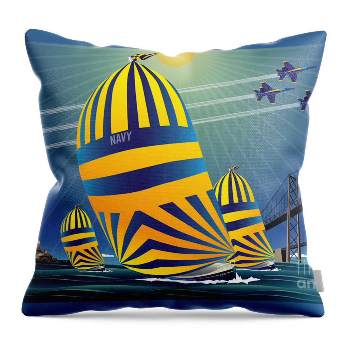 Navy 44s Throw Pillow featuring the digital art USNA High Noon Sail by Joe Barsin