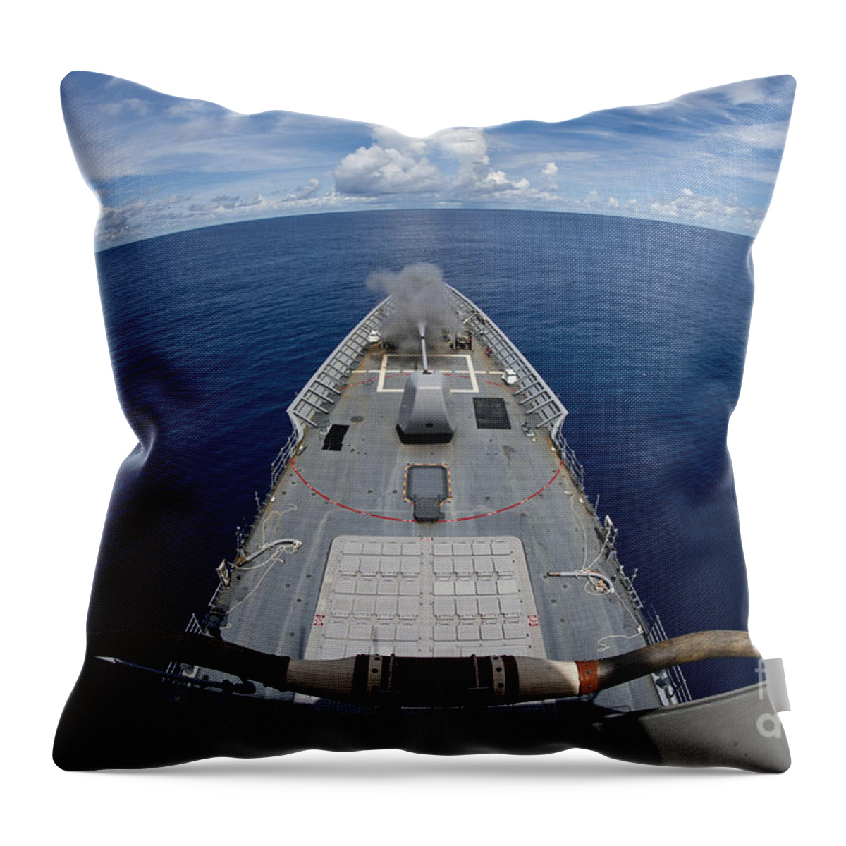 Us Navy Throw Pillow featuring the photograph Uss Cowpens Fires Its Mk 45 Mod 2 Gun by Stocktrek Images