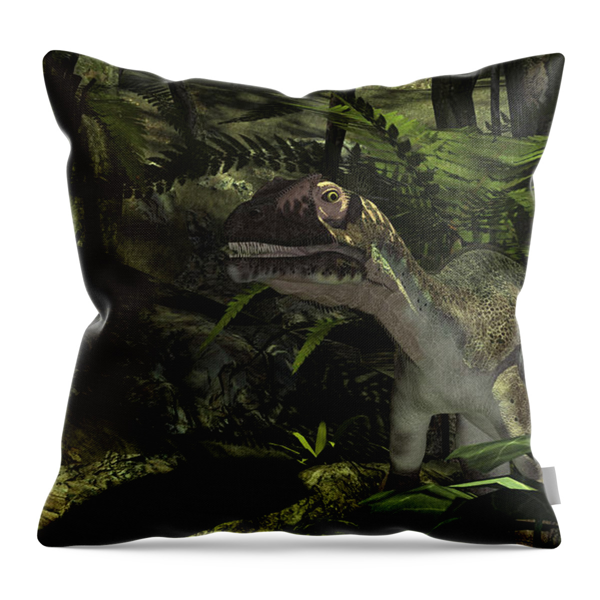 Dinosaur Throw Pillow featuring the digital art Utahraptor In A Prehistoric Forest by Kostyantyn Ivanyshen