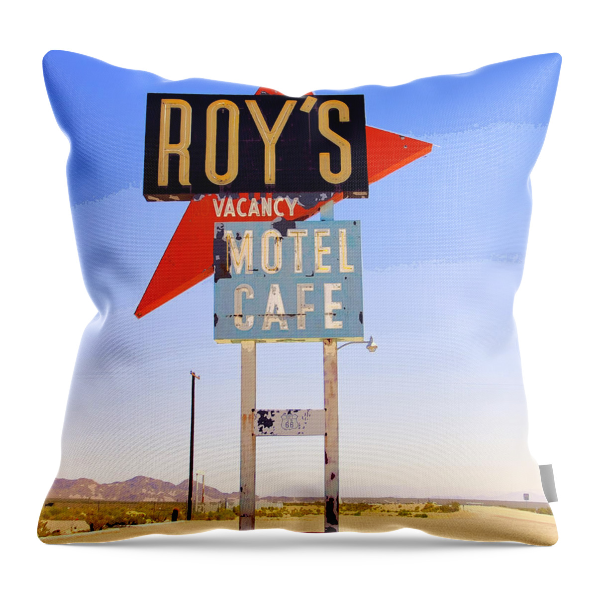 Roy's Throw Pillow featuring the photograph COLOR OF VACANCY Route 66 Amboy CA by William Dey