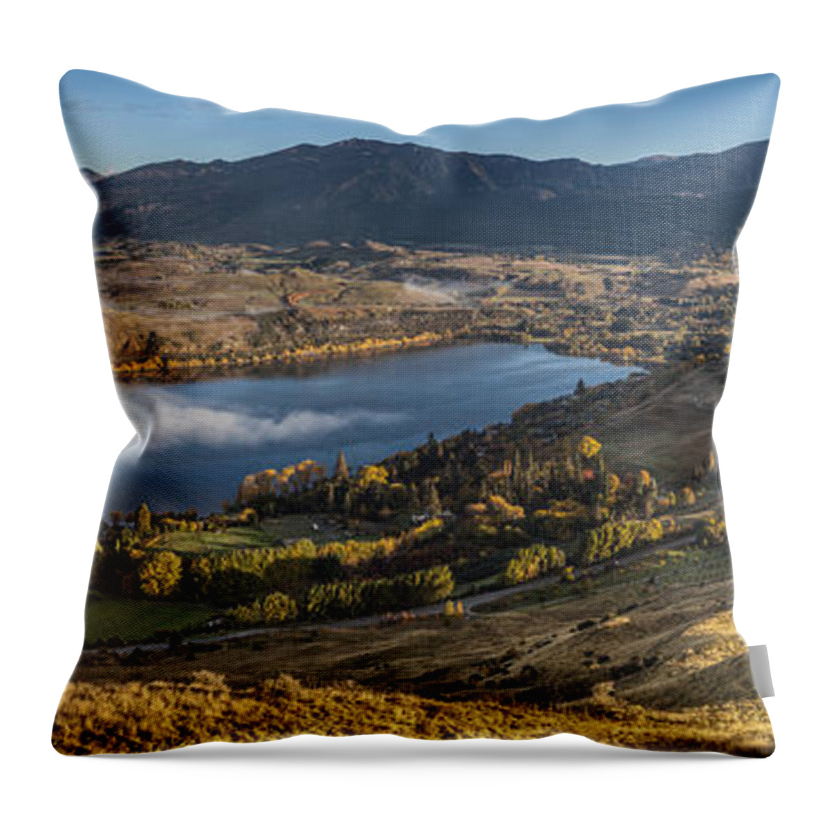 colin Monteath Hedgehog House Throw Pillow featuring the photograph Valley And Lake At Dawn Arrowtown Otago by Colin Monteath, Hedgehog House