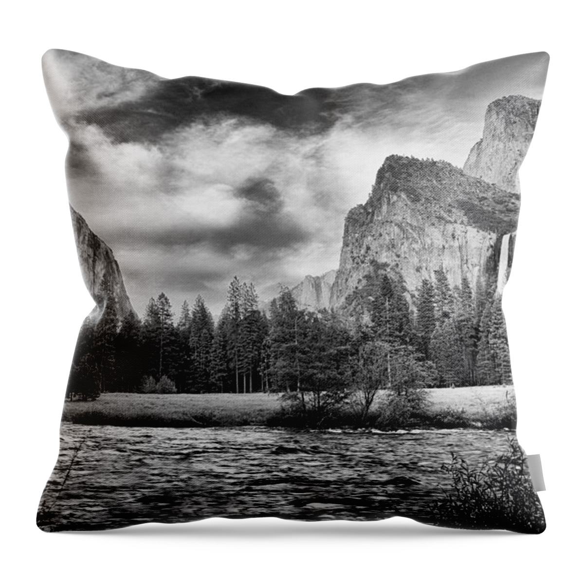 Cloudy Day River Water Trees Forest Waterfall Sky Yosemite National Park California Scenic Landscape Nature Black White Granite Throw Pillow featuring the photograph Valley View by Cat Connor
