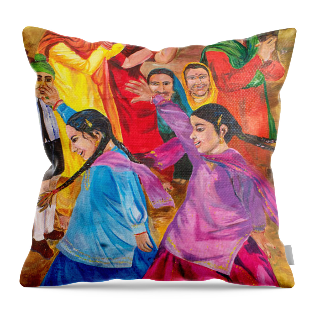Sikh Art Throw Pillow featuring the painting Vasakhi in a Punjab village by Sarabjit Singh