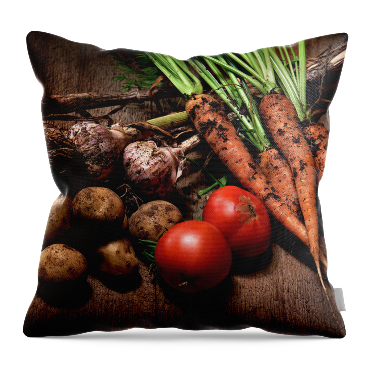 Outdoors Throw Pillow featuring the photograph Vegetables On Wood by Kaupok