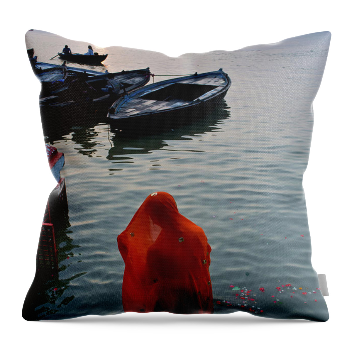 Hinduism Throw Pillow featuring the photograph Veiled Woman In Ganges At Varanasi by Subir Basak