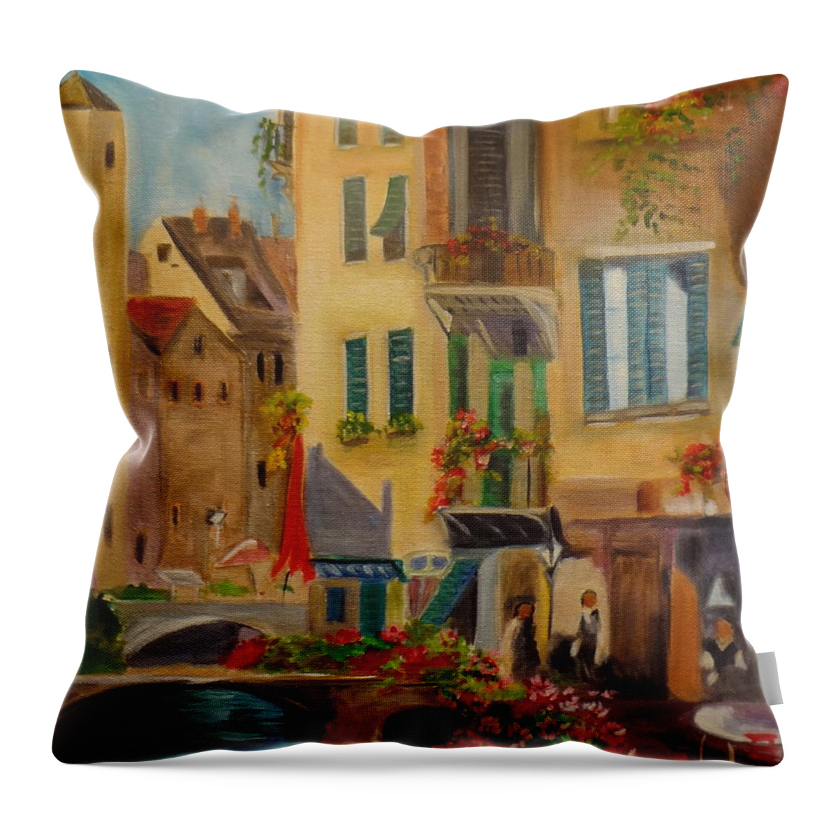 Venice Scene Throw Pillow featuring the painting Venic Canal 1 by Jenny Lee