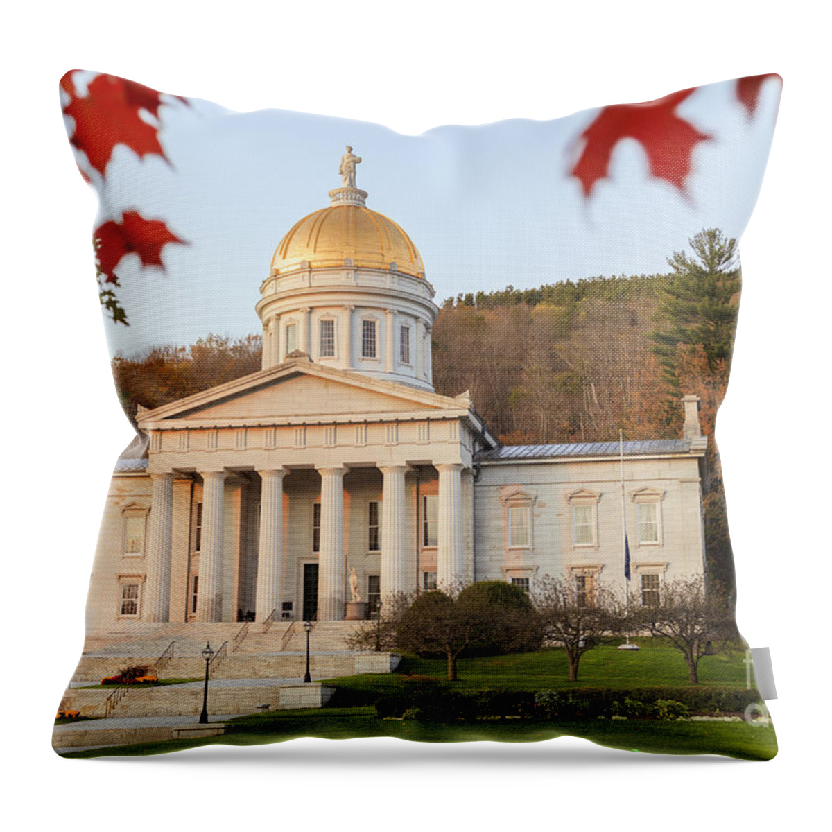 Vermont Throw Pillow featuring the photograph Vermont state capitol building at sunset Montpelier by Ken Brown