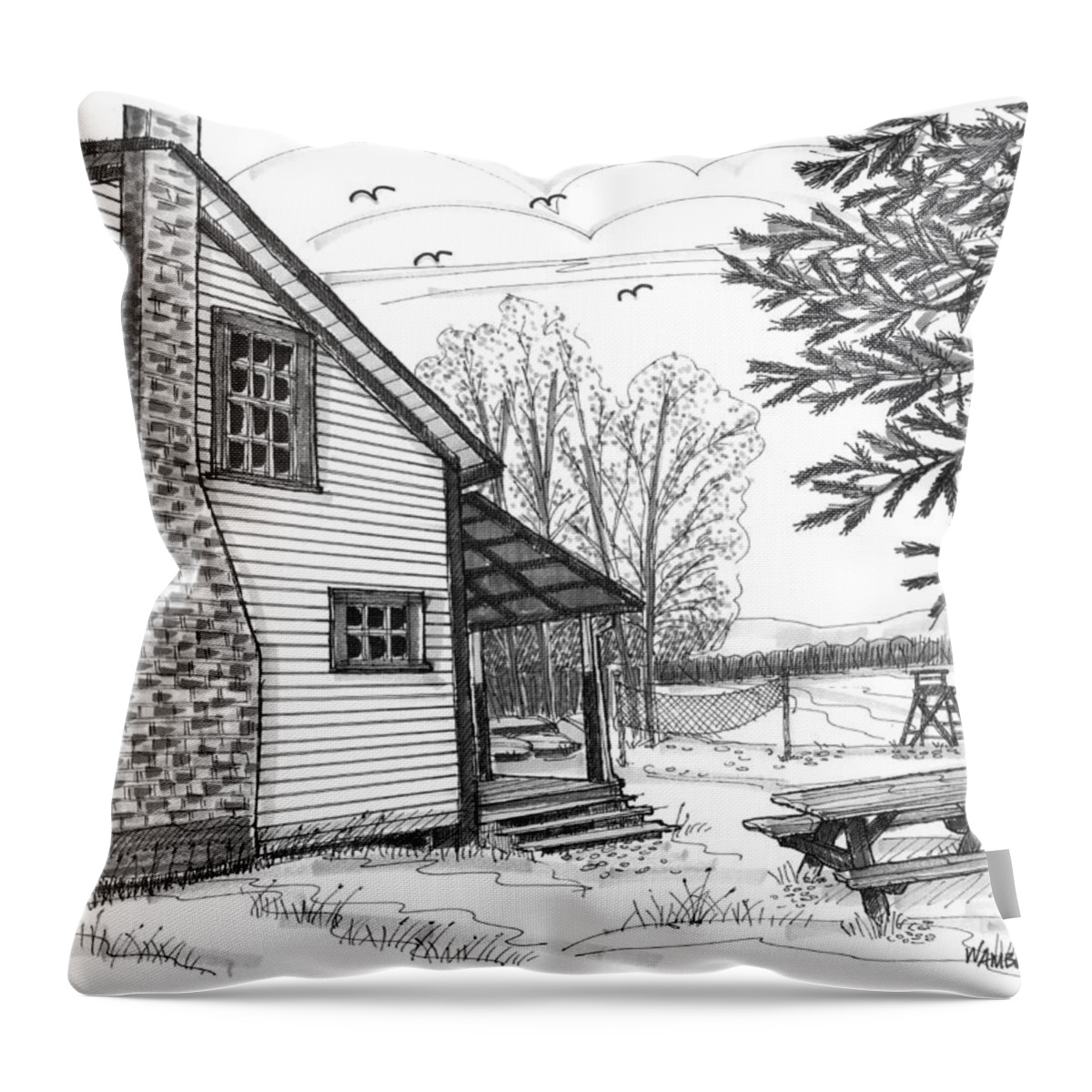 Siskin/coutts-moriarty Camp Throw Pillow featuring the drawing Vermont Summer Camp 2 by Richard Wambach