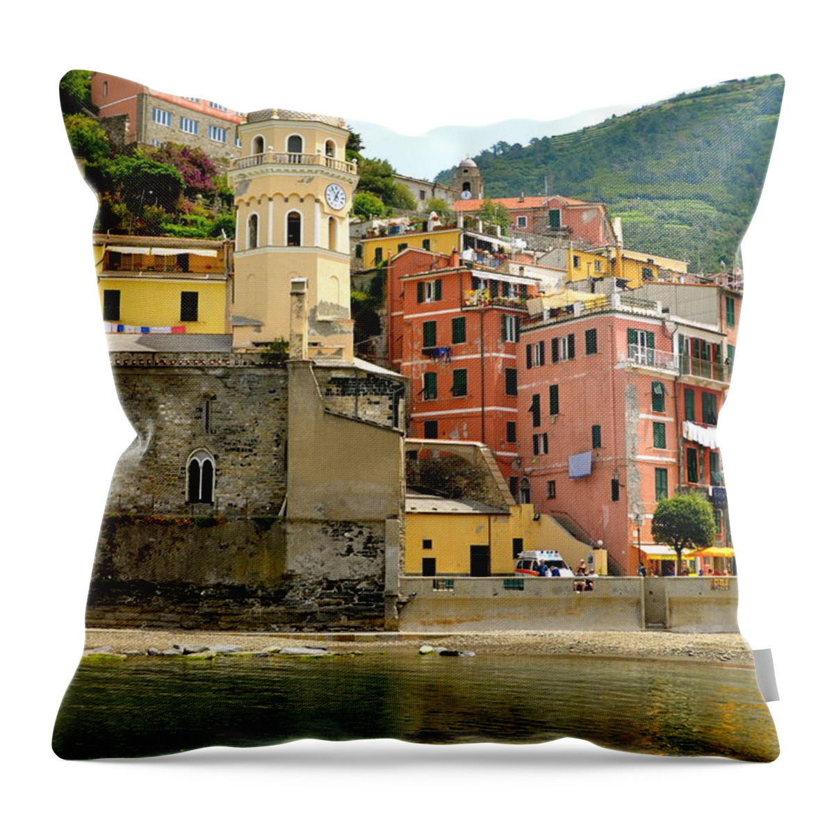 Vernazza Throw Pillow featuring the photograph Vernazza Bell Tower by Corinne Rhode