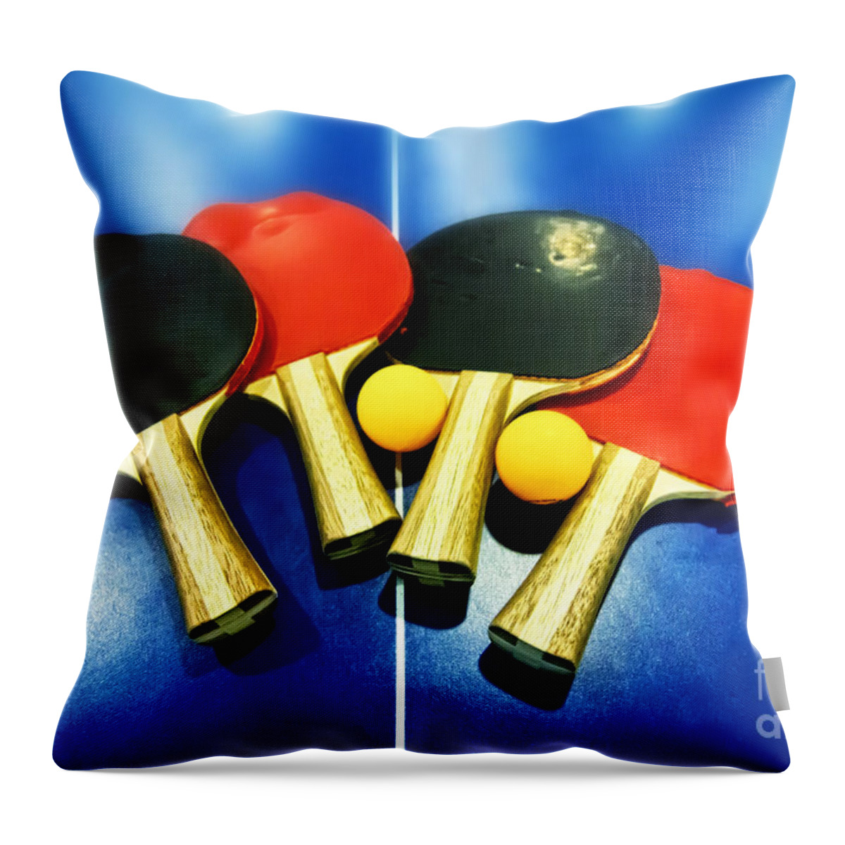 Ping-pong Throw Pillow featuring the photograph Vibrant Ping-pong Bats Table Tennis Paddles Rackets on Blue by Beverly Claire Kaiya