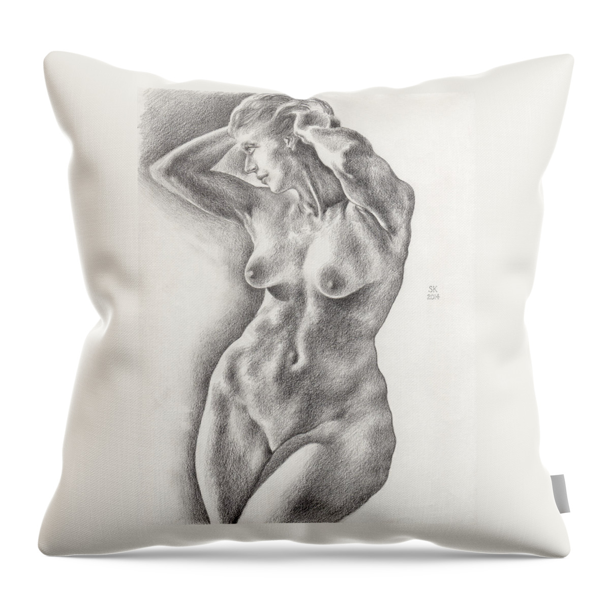 Nude Throw Pillow featuring the drawing Victoria in 8B Standing Female Nude by Scott Kirkman