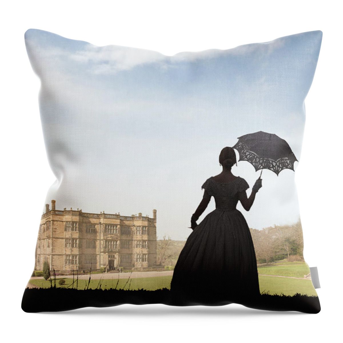 Victorian Throw Pillow featuring the photograph Victorian Woman Approaching A Country Estate by Lee Avison