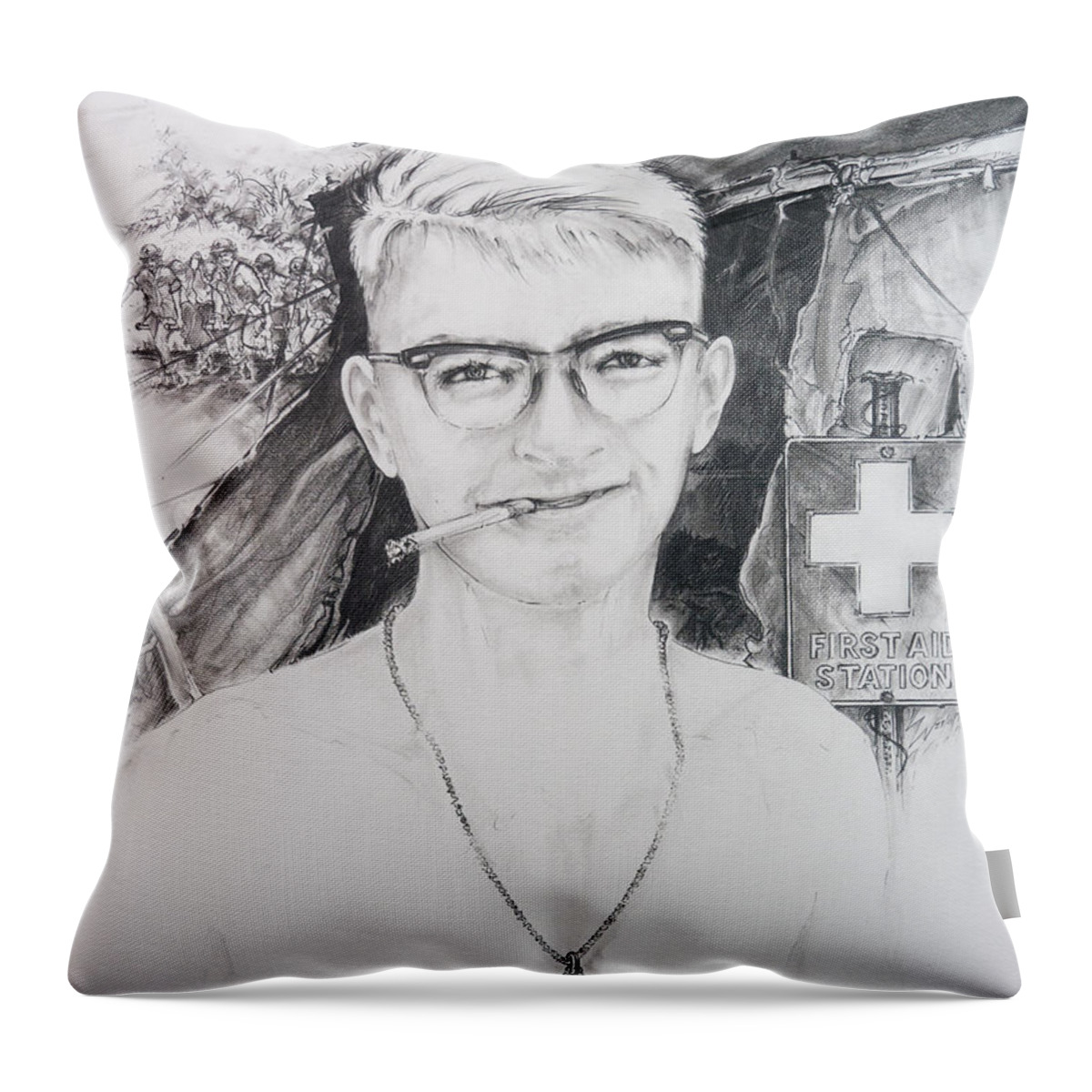 Vietnam Medic Throw Pillow featuring the drawing Vietnam Medic by Scott and Dixie Wiley