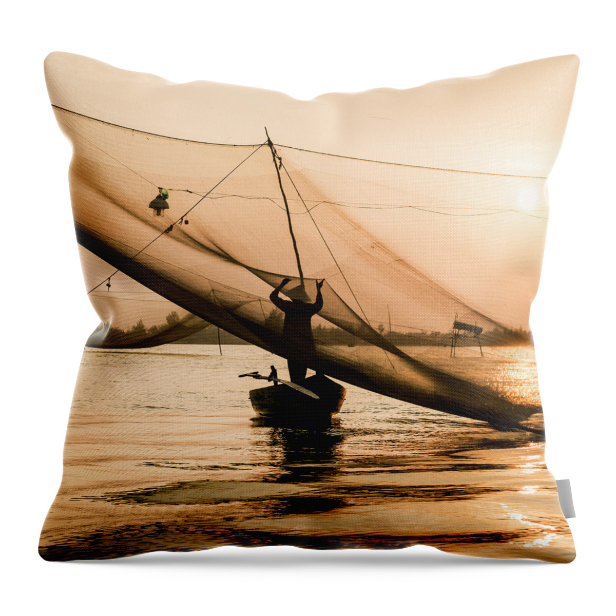 Asian And Indian Ethnicities Throw Pillow featuring the photograph Vietnam, Traditinal Fisherman Tending by Martin Puddy