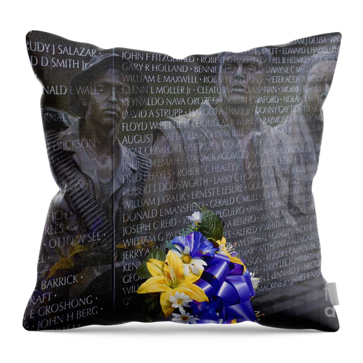 Vietnam Veteran Wall And Three Soldiers Memorial College Washington Dc Throw Pillow featuring the photograph Vietnam Veteran Wall and Three Soldiers Memorial Collage Washington DC_2 by David Zanzinger