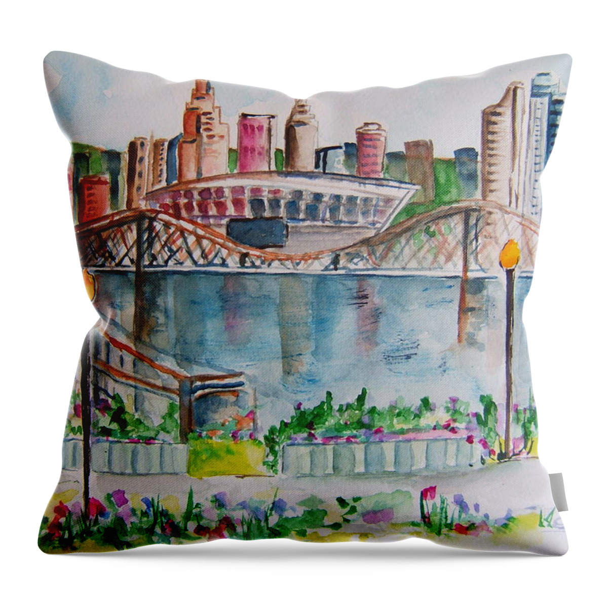 Cincinnati Skyline Throw Pillow featuring the painting View from Devou by Elaine Duras