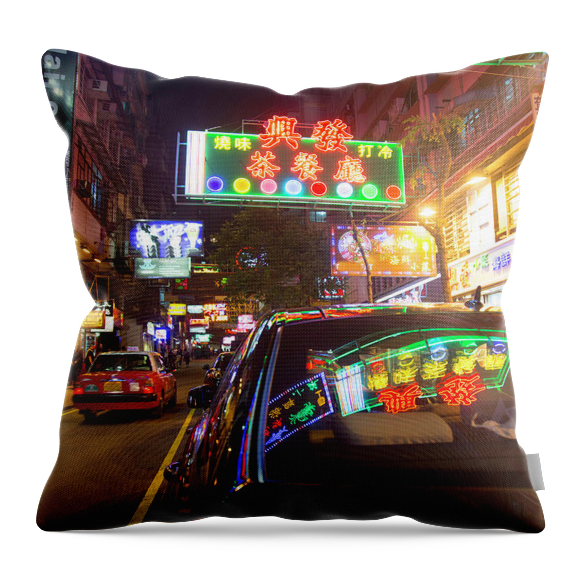 Chinese Culture Throw Pillow featuring the photograph View Of Evening Shop Lights by Grant Faint