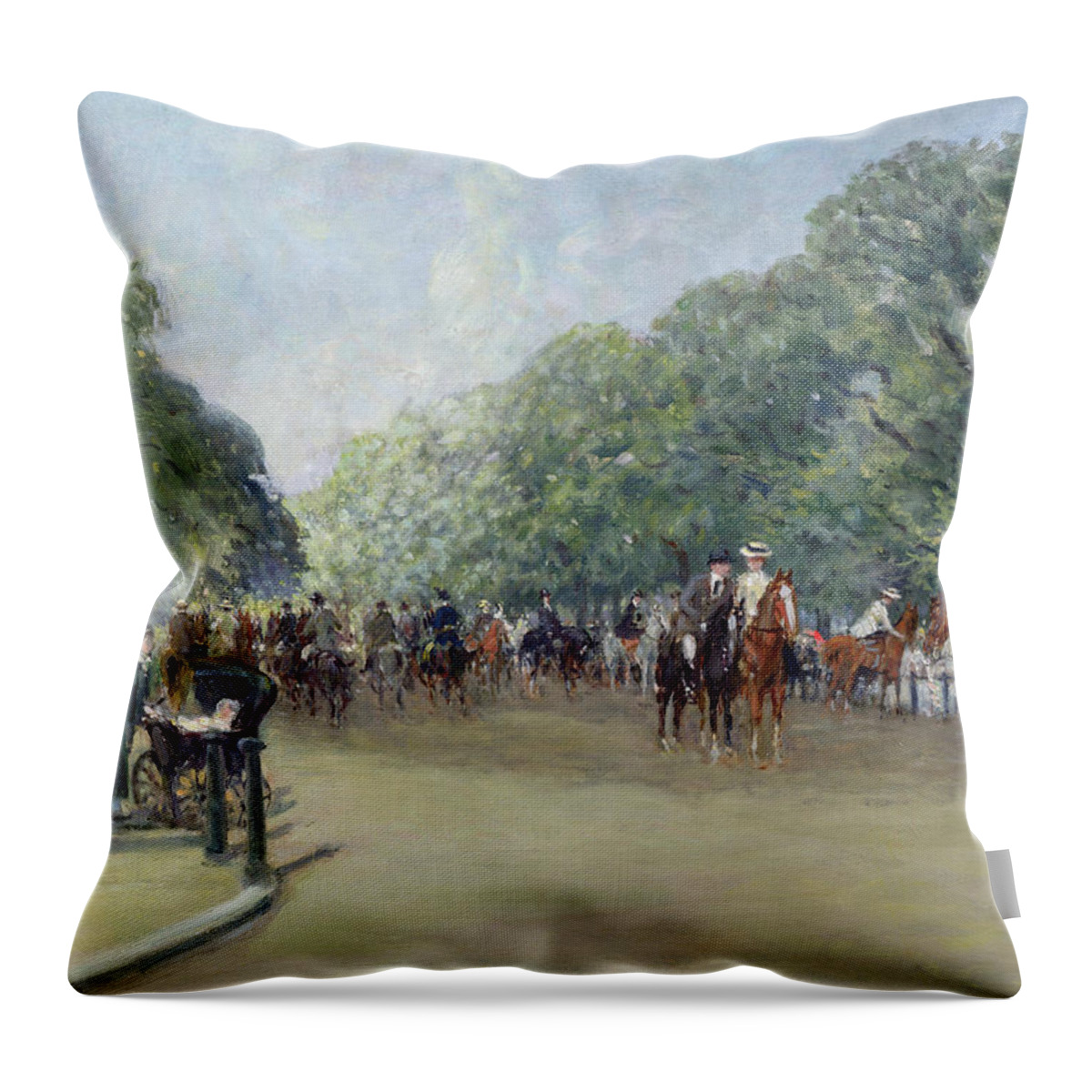C19th Throw Pillow featuring the painting View of Hyde Park with Figures on Rotten Row by Albert Jnr Ludovici