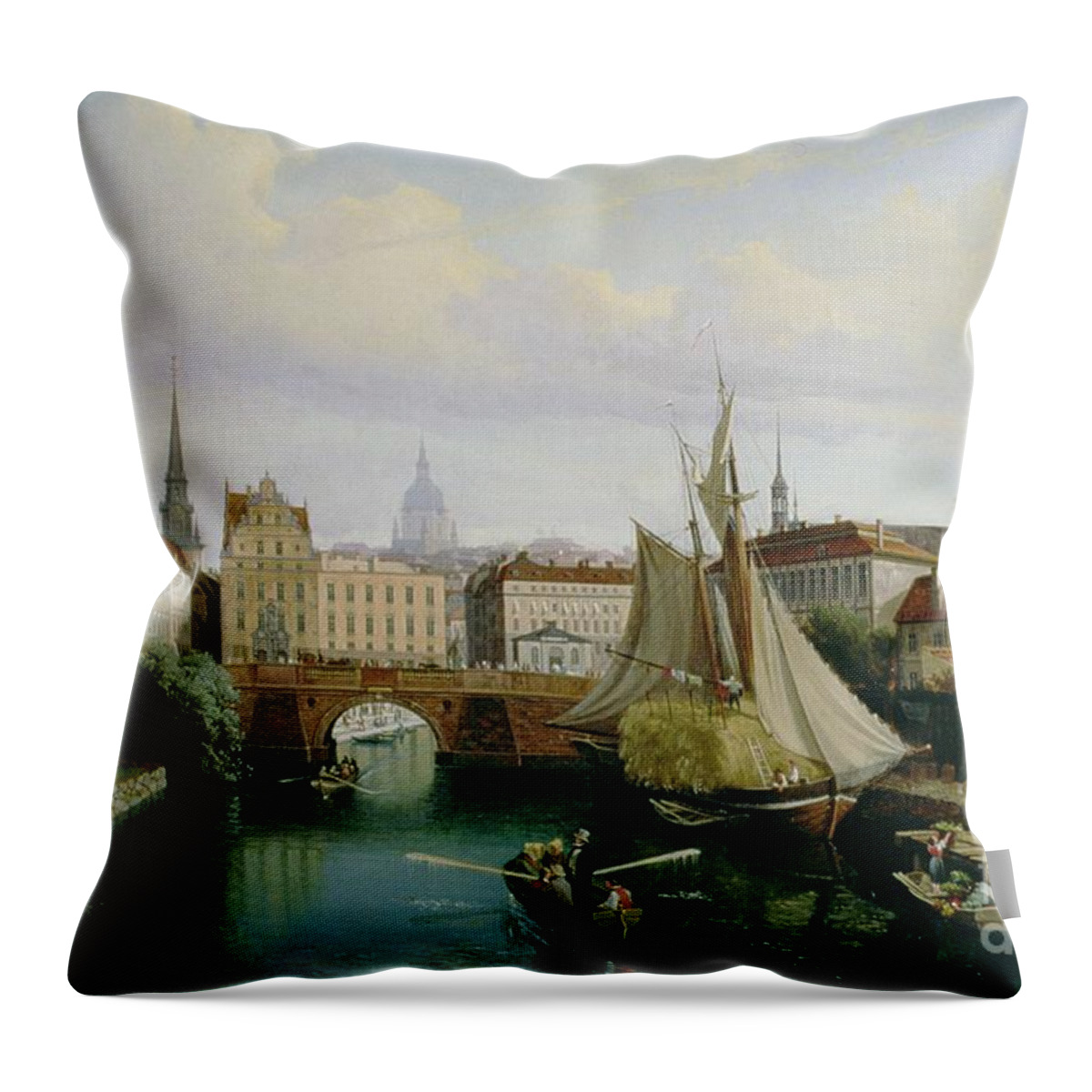 Town Throw Pillow featuring the painting View of the Riddarholmskanalen by Gustav Palm