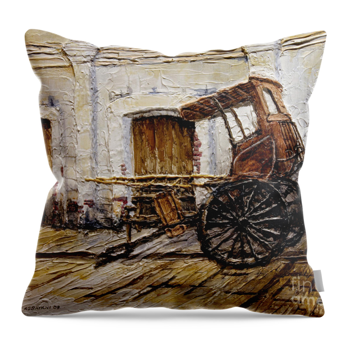 Vigan Throw Pillow featuring the painting Vigan Carriage 1 by Joey Agbayani