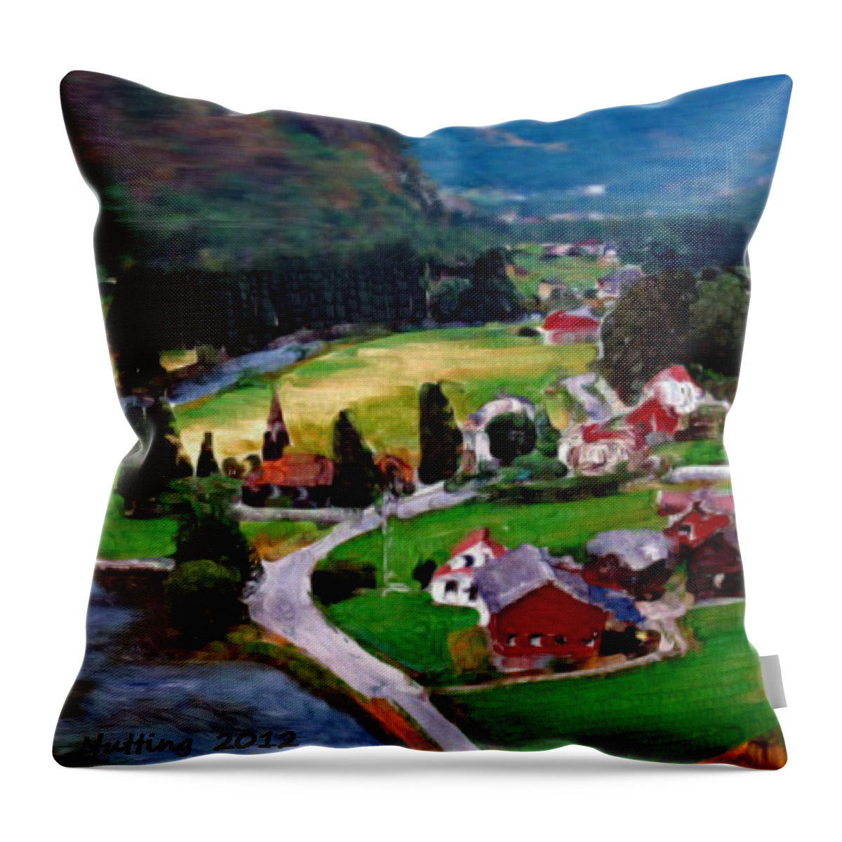 Mountain Throw Pillow featuring the painting Village in the Mountains by Bruce Nutting