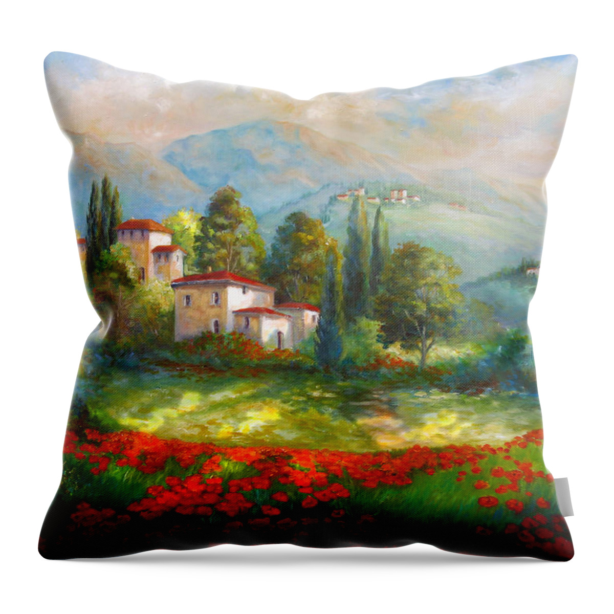 Italian Landscape Throw Pillow featuring the painting Village with poppy fields by Regina Femrite