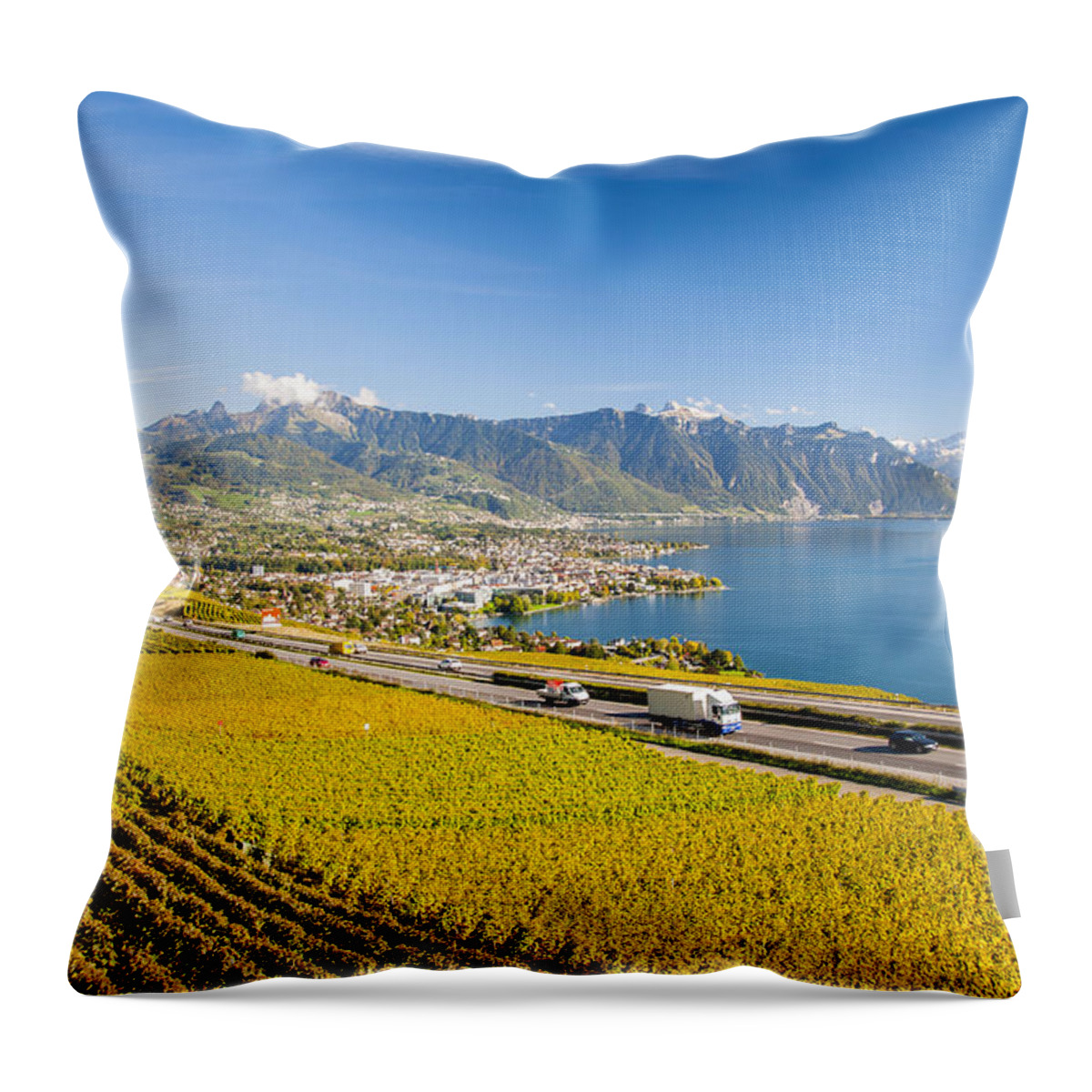 Montreux Switzerland Tourism Throw Pillow featuring the photograph Vineyards near Montreux by Rob Hemphill