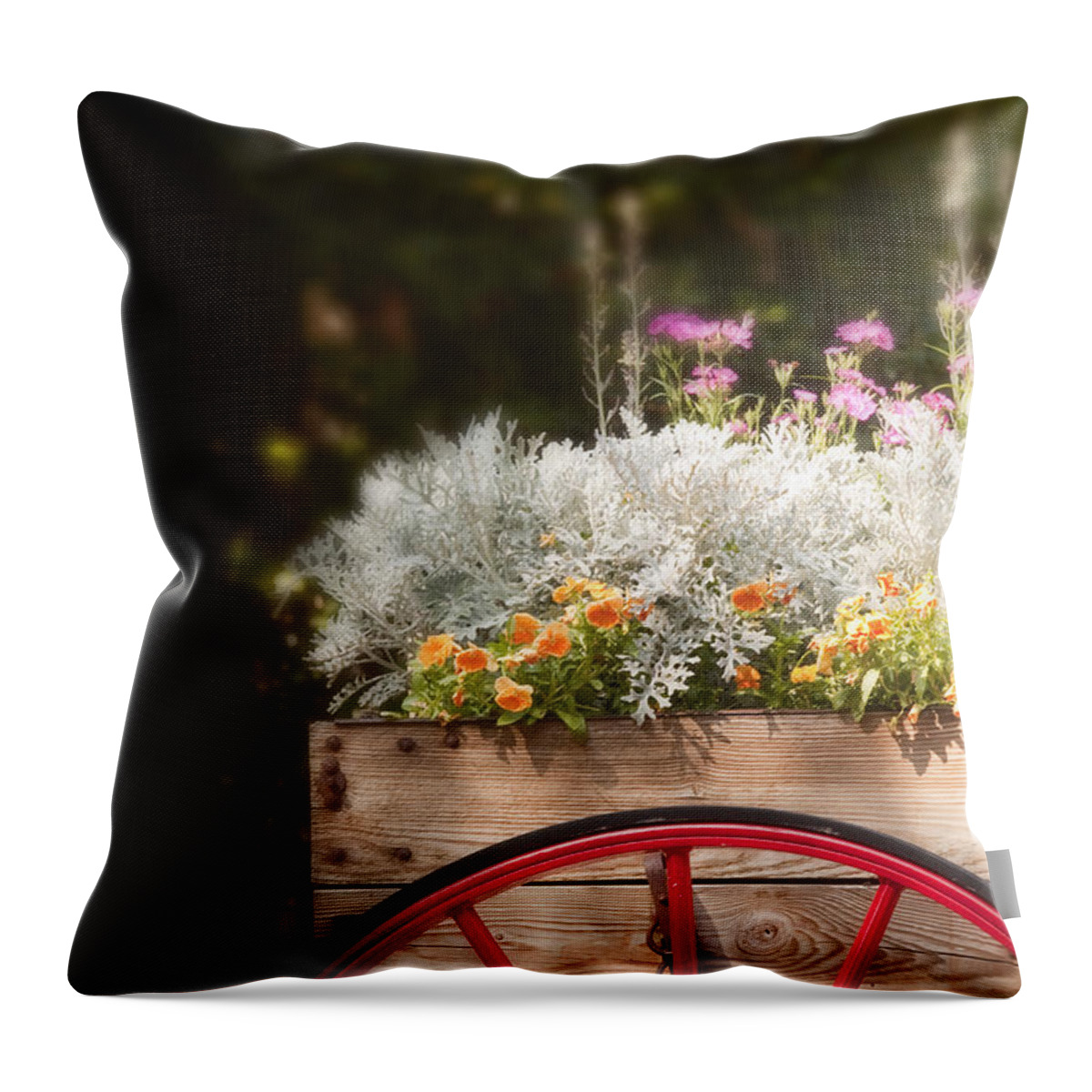 Flowers; Bright; Lovely; Colorful; Plants; Beautiful; Orange; Pink; White; Green; Cart; Nature; Wooden; Wheel; Red; Wood; For Sale; Peddler; Outside; Outdoors; Decorative; Country Throw Pillow featuring the photograph Vintage Beauties for Sale by Margie Hurwich