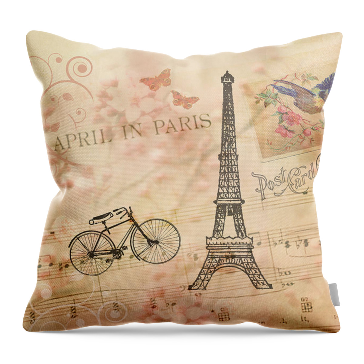Bicycles Throw Pillow featuring the digital art Vintage Bicycle and Eiffel Tower by Peggy Collins