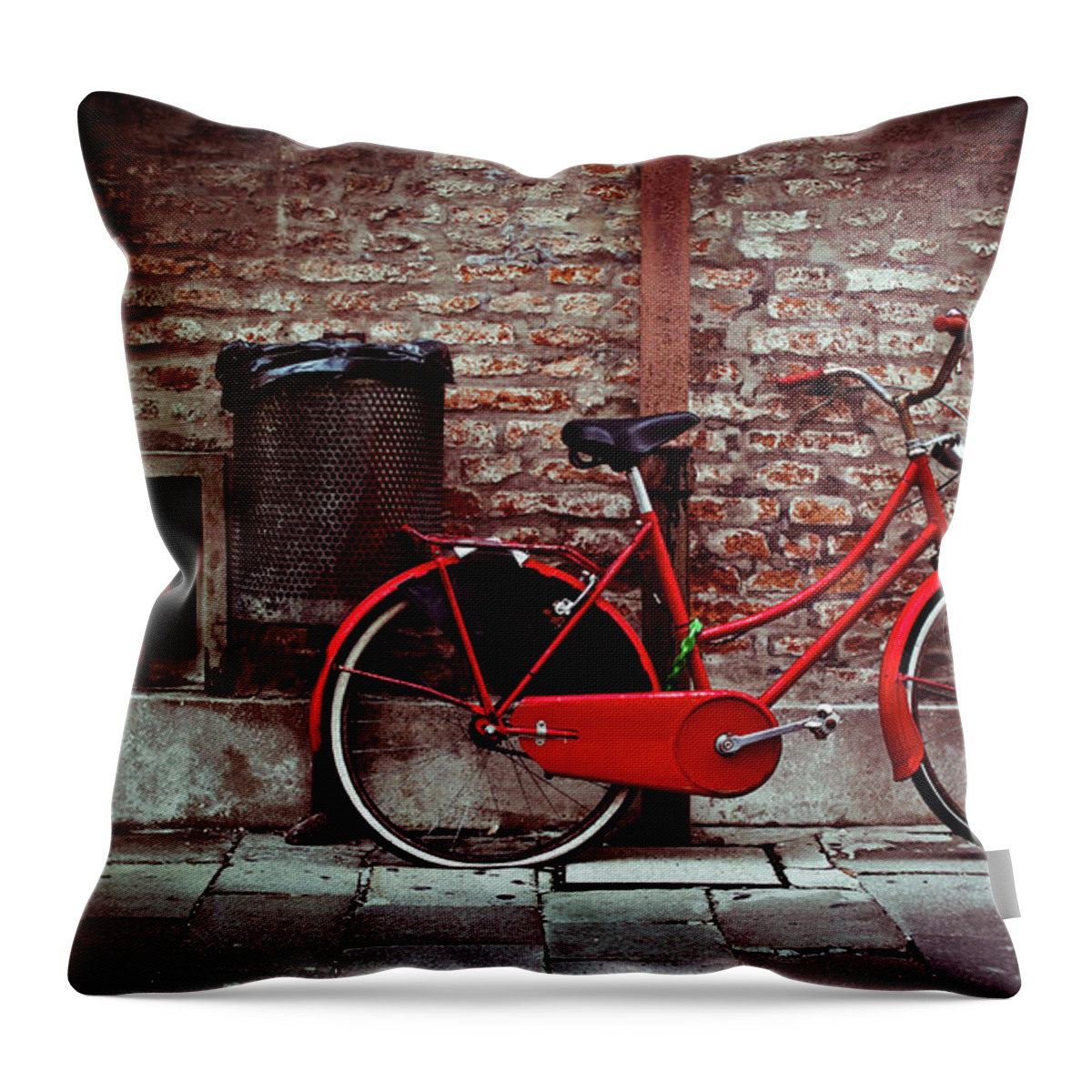 Damaged Throw Pillow featuring the photograph Vintage Bicycle Leaning Against Brick by Moreiso