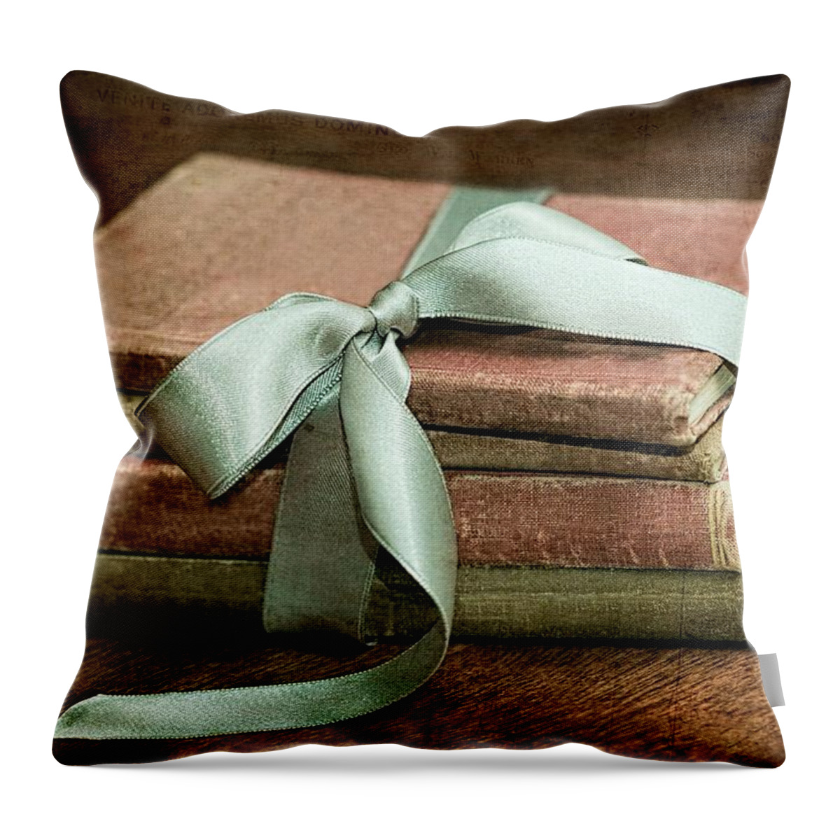 Vintage Books Throw Pillow featuring the photograph Vintage Books Tied With Mint Ribbon by Tracie Schiebel