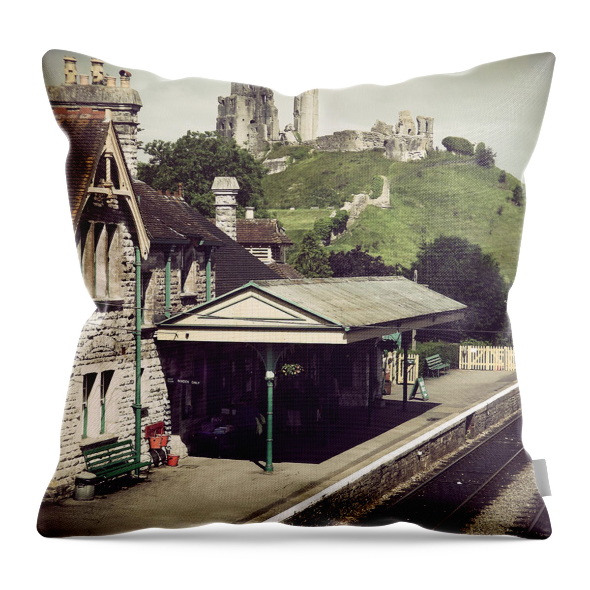 Corfe Throw Pillow featuring the photograph Vintage Corfe Castle by Linsey Williams