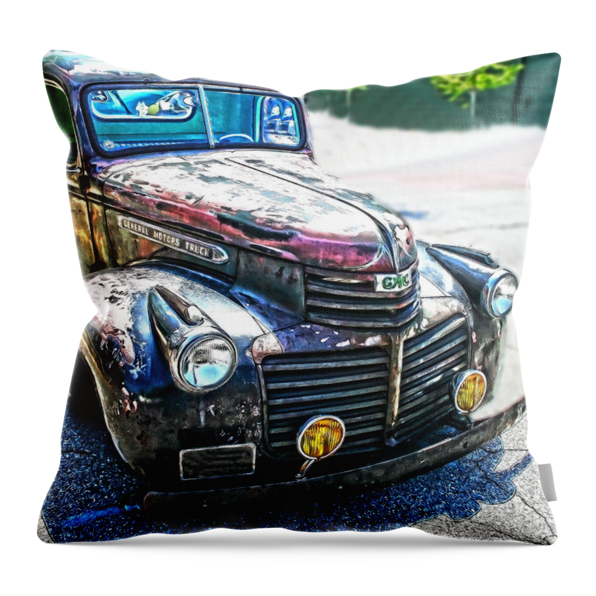 Gm Throw Pillow featuring the photograph Vintage GM Truck Frontal HDR by Lesa Fine