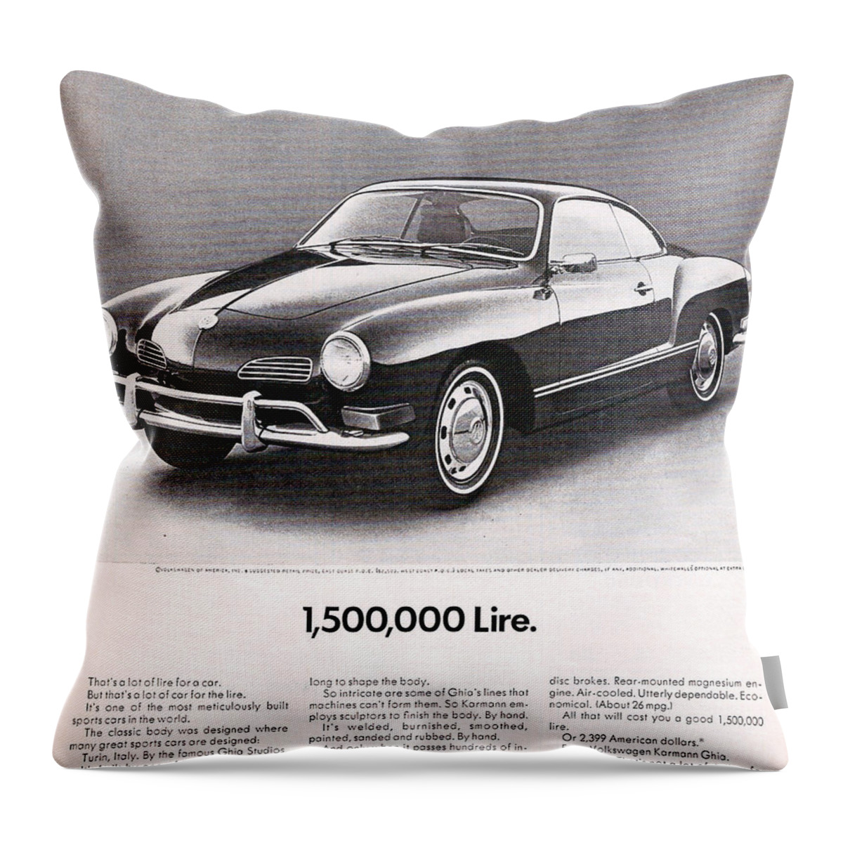 Karmann Ghia Throw Pillow featuring the digital art Vintage Karmann Ghia Advert by Georgia Clare