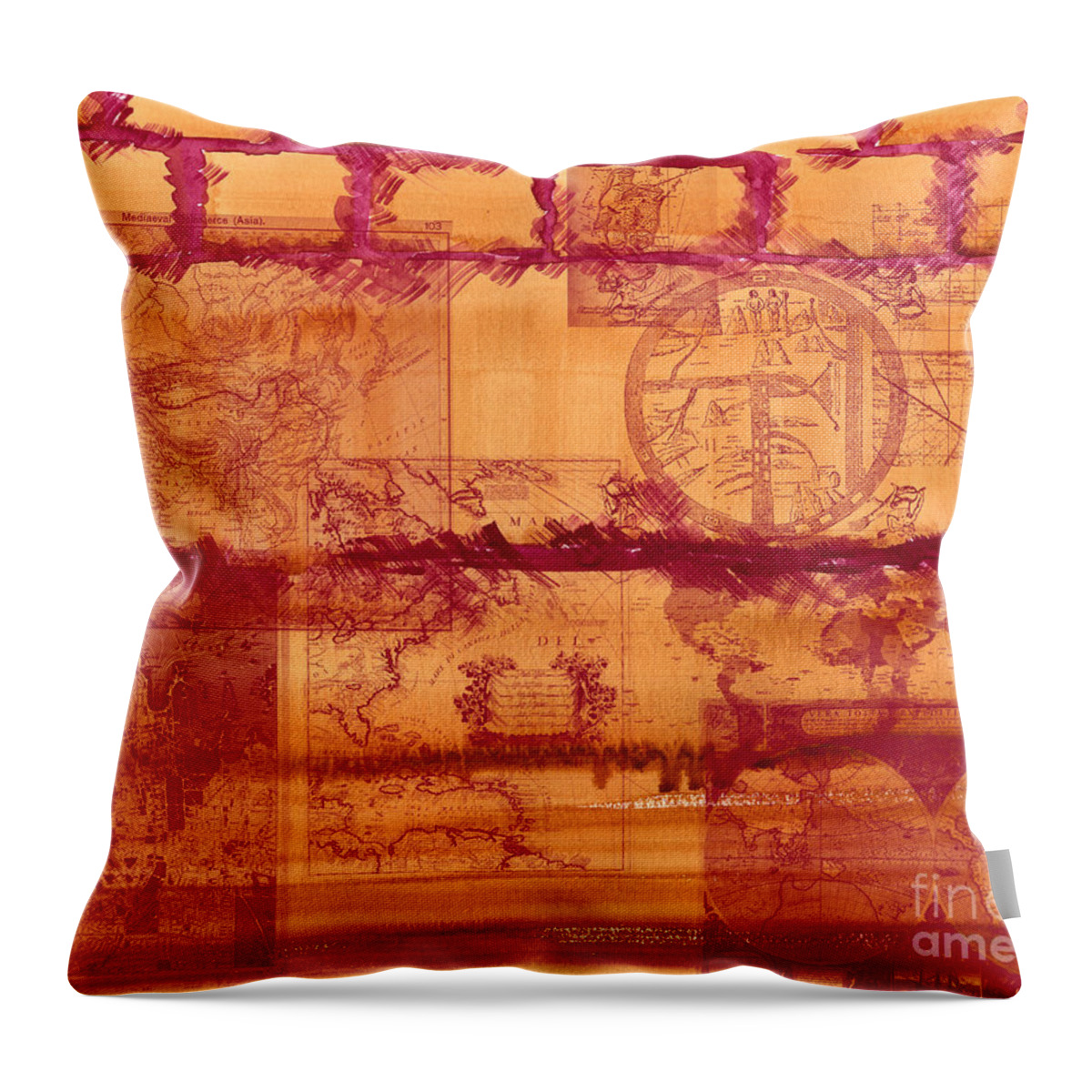 Vintage Maps Throw Pillow featuring the painting Vintage Maps On Burnt Sienna and Rose Madder Wall by Beverly Claire Kaiya