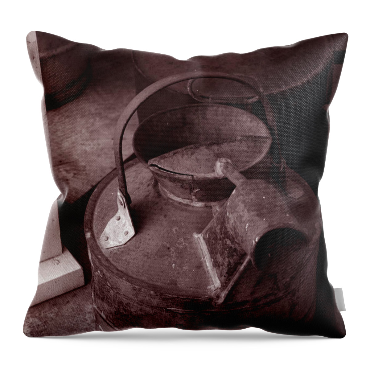 Vintage Photographs Throw Pillow featuring the photograph Vintage Sepia Galvanized Container by Lesa Fine