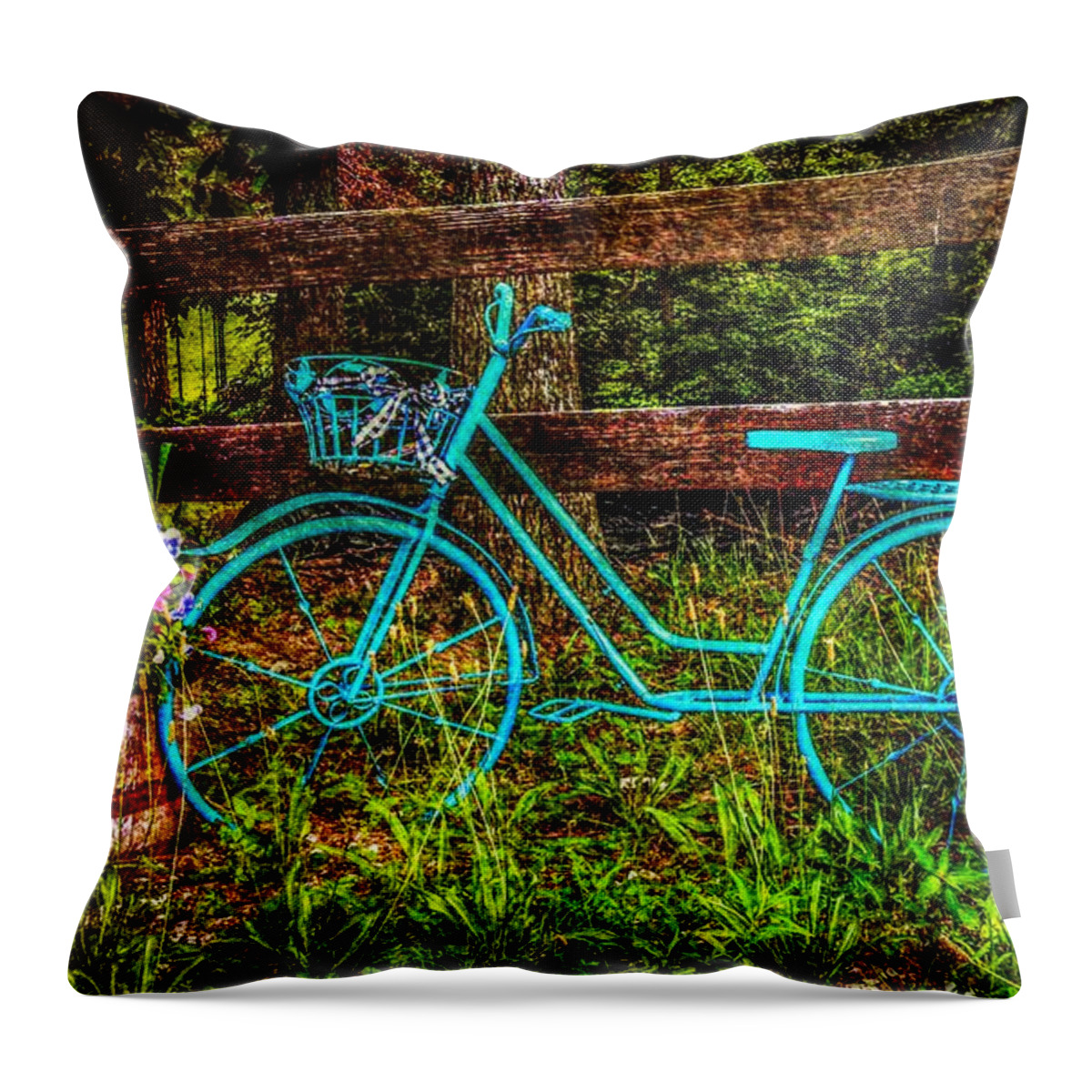 Vintage Blue Bike Throw Pillow featuring the photograph Vintage Summertime Blue Bike by Peggy Franz