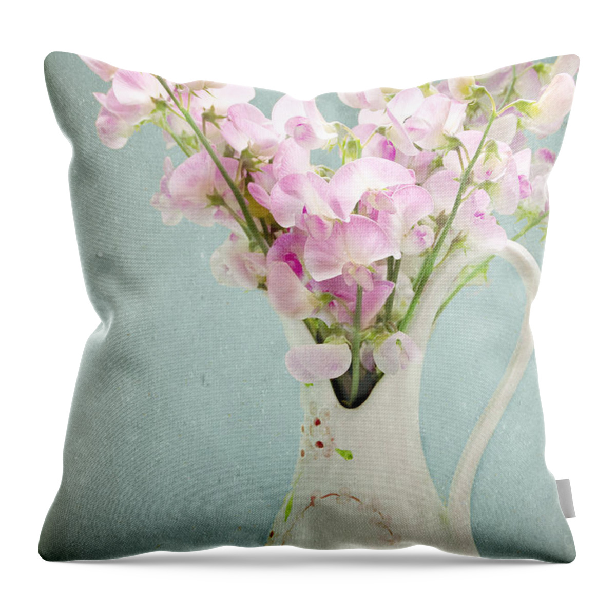 Sweetpeas Throw Pillow featuring the photograph Vintage Sweet Peas in a Pitcher by Peggy Collins