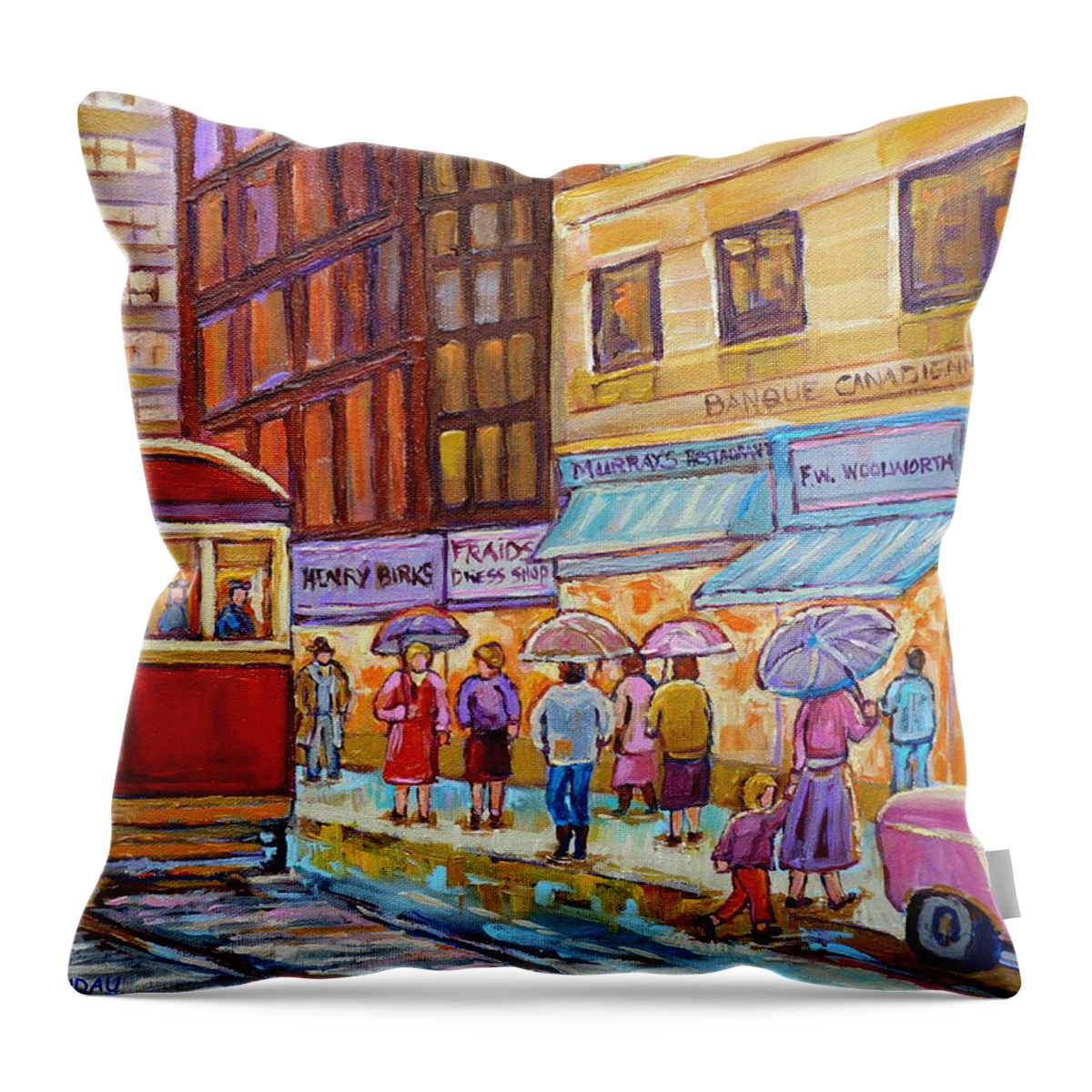 Montreal Throw Pillow featuring the painting Vintage Tram Car-montreal Downtown Scene-classic Chevy Car by Carole Spandau