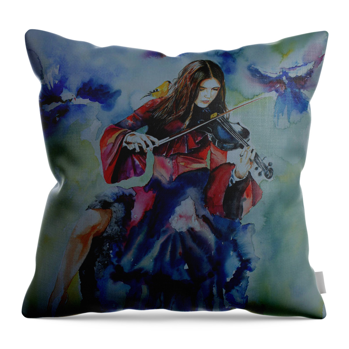 Illustration Throw Pillow featuring the painting Violin music for Birds by Isabel Salvador