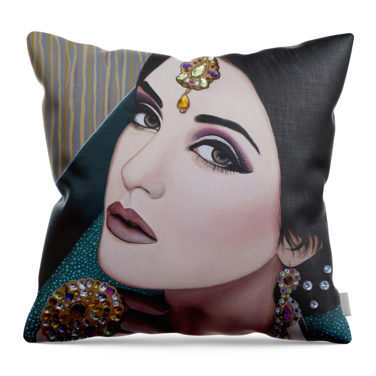 Art Throw Pillow featuring the painting Viridian Indian Beauty by Malinda Prud'homme