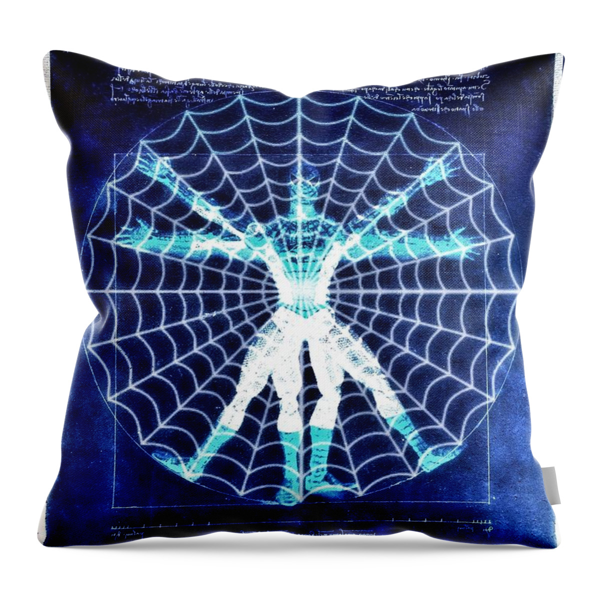 Spider-man Throw Pillow featuring the digital art Vitruvian Spiderman white in the sky by HELGE Art Gallery