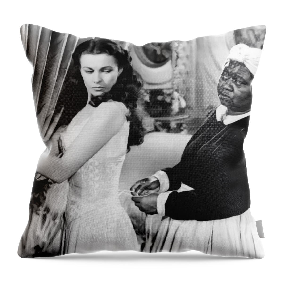 Films Throw Pillow featuring the digital art Vivien Leigh as Scarlett O'Hara and Hattie McDaniel as Mammy in the film Gone with the Wind by Gabriel T Toro