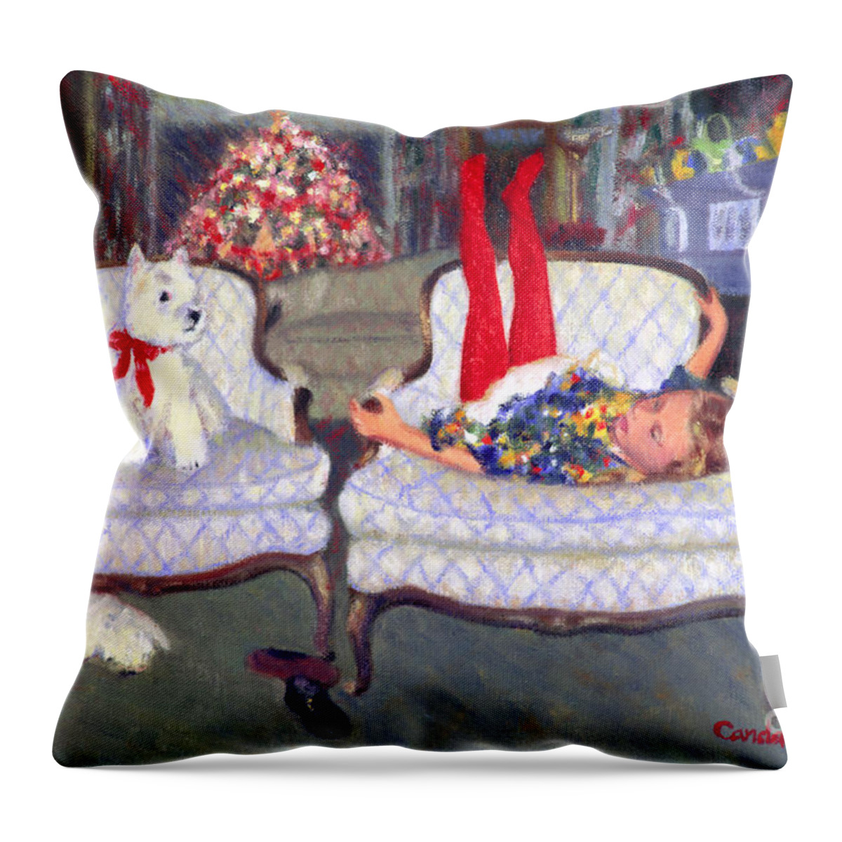 Dogs Throw Pillow featuring the painting Waiting for Santa by Candace Lovely