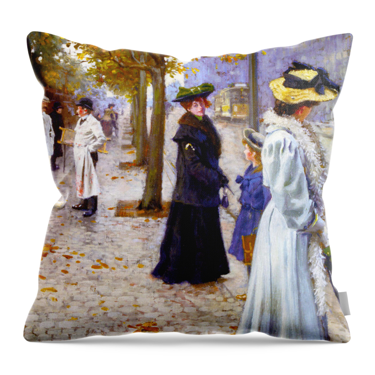 Waiting On The Tram Throw Pillow featuring the photograph Waiting On The Tram by Paul Gustav Fischer