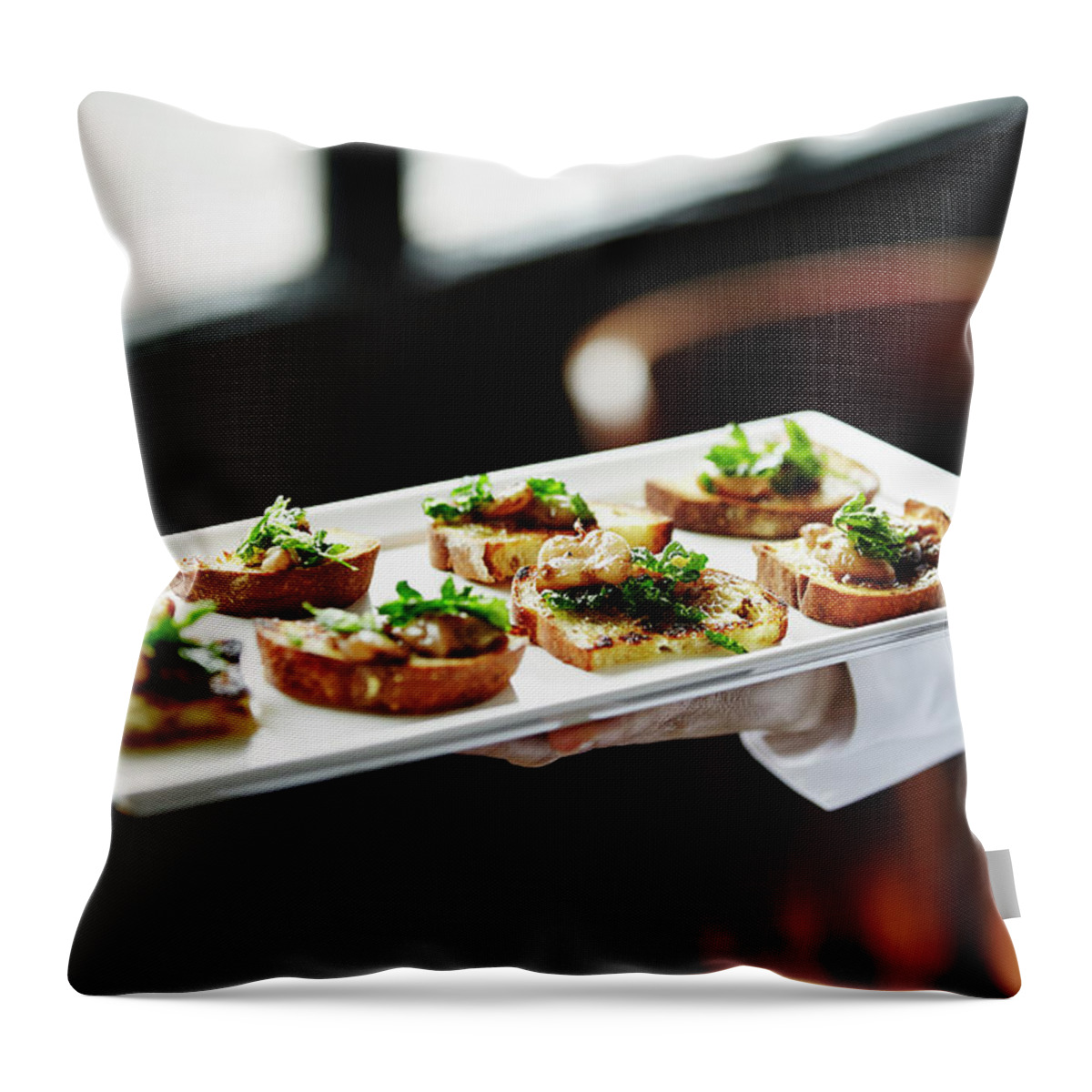 People Throw Pillow featuring the photograph Waitress Holding Platter Of Organic by Thomas Barwick