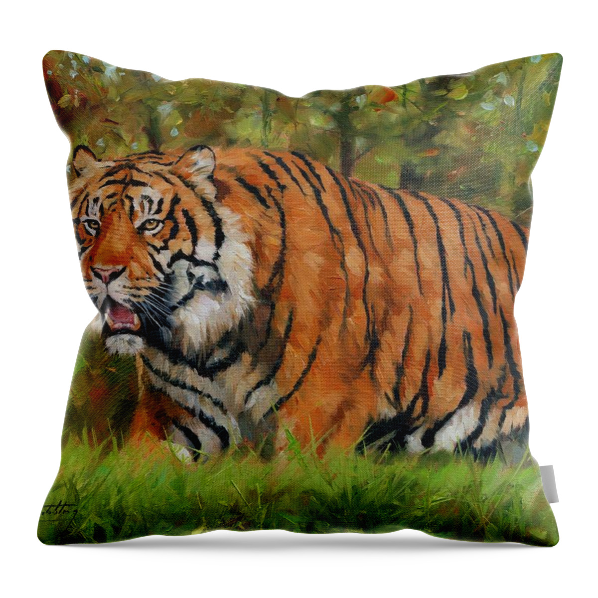 Tiger Throw Pillow featuring the painting Walk in the Forest. Amur Tiger by David Stribbling