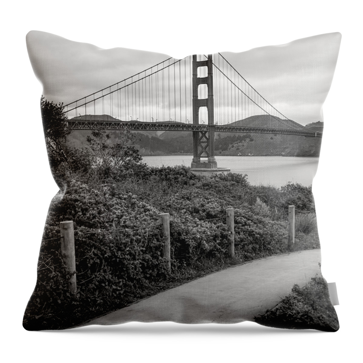 Golden Gate Throw Pillow featuring the photograph Walking to the Golden Gate Bridge - Black and White by Gregory Ballos