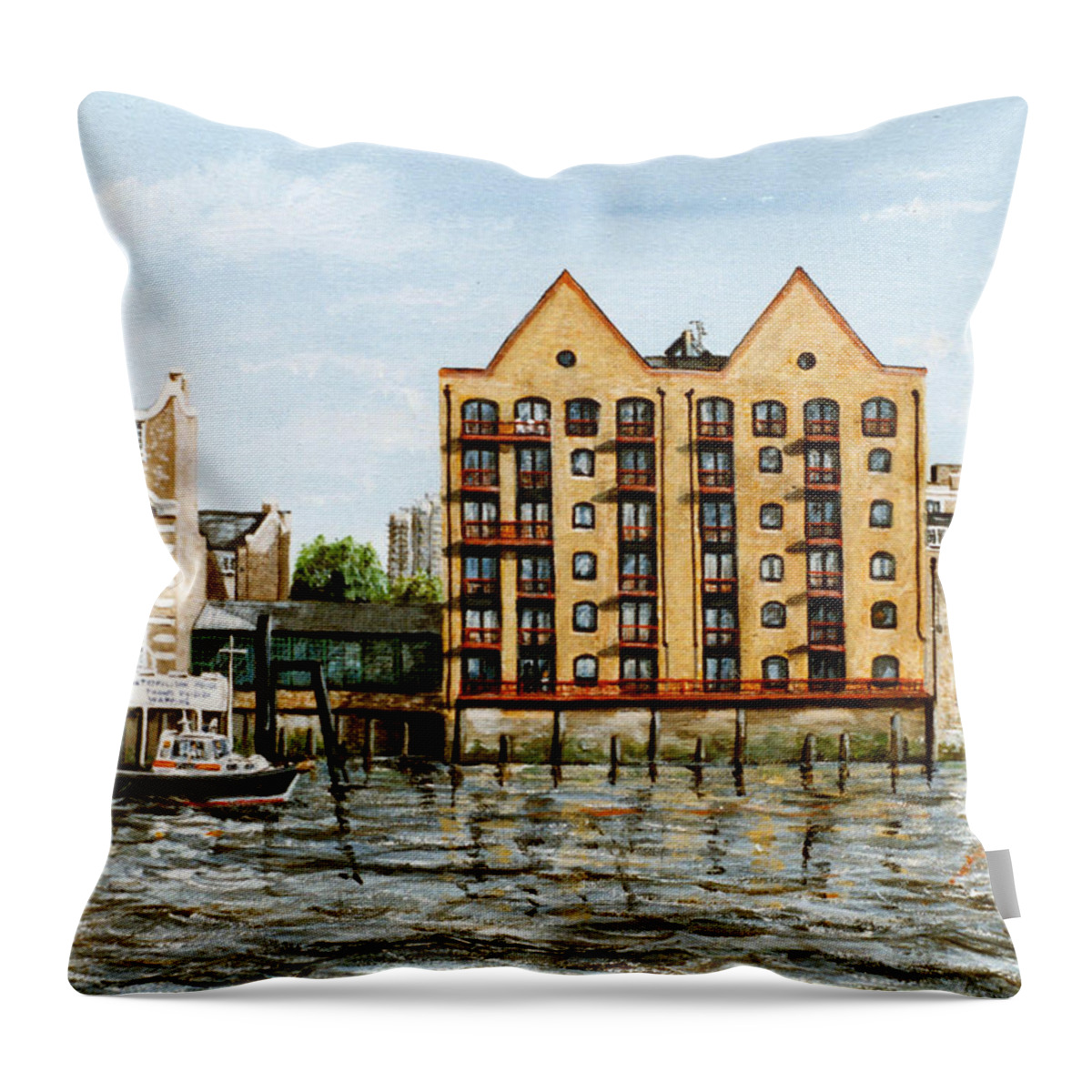 Wapping Throw Pillow featuring the painting Wapping Thames Police Station and rebuilt St Johns Wharf London by Mackenzie Moulton
