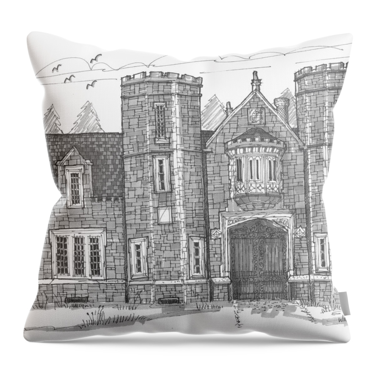 Bard College Throw Pillow featuring the drawing Ward Manor Bard College by Richard Wambach